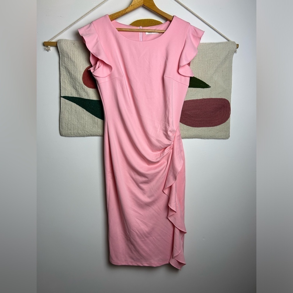 Gardenwed Pink stretch short sleeve romanticBarbie  Ruffle hem pink midi dress L